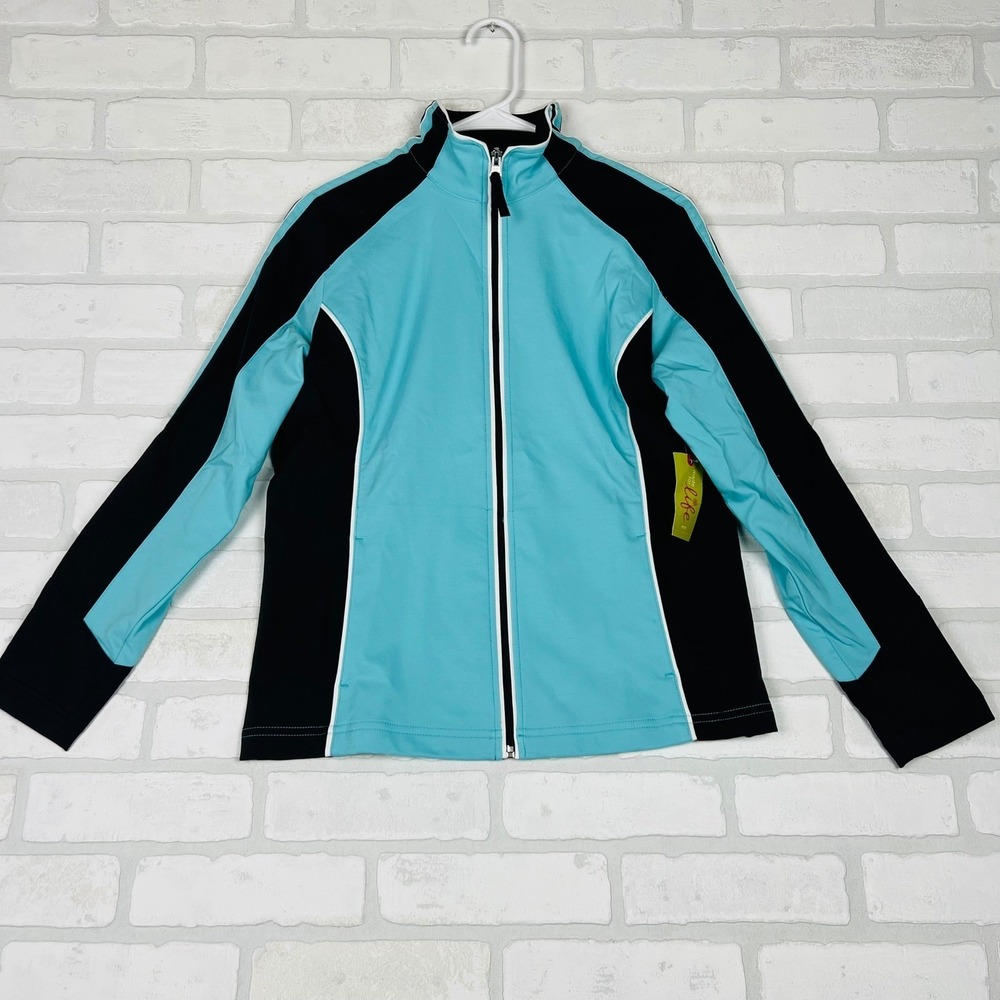 Made For Life Womens Petite Small Aqua Black Full Zip Athletic Jacket NWT